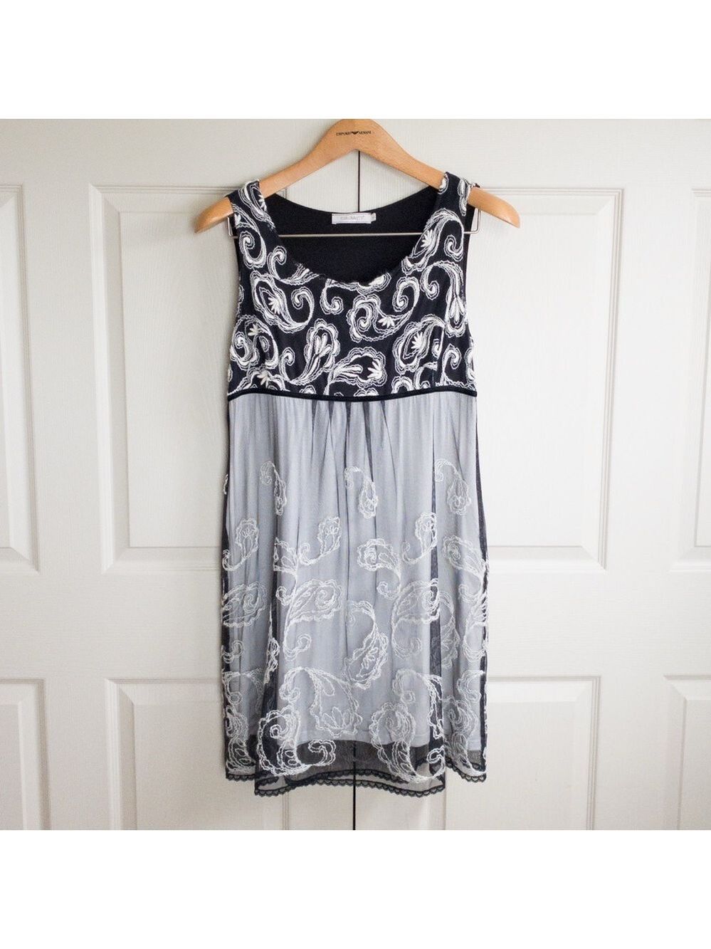 Elisa Cavaletti Black White Floral Embroidered Sheer Net Mesh Dress Size Large